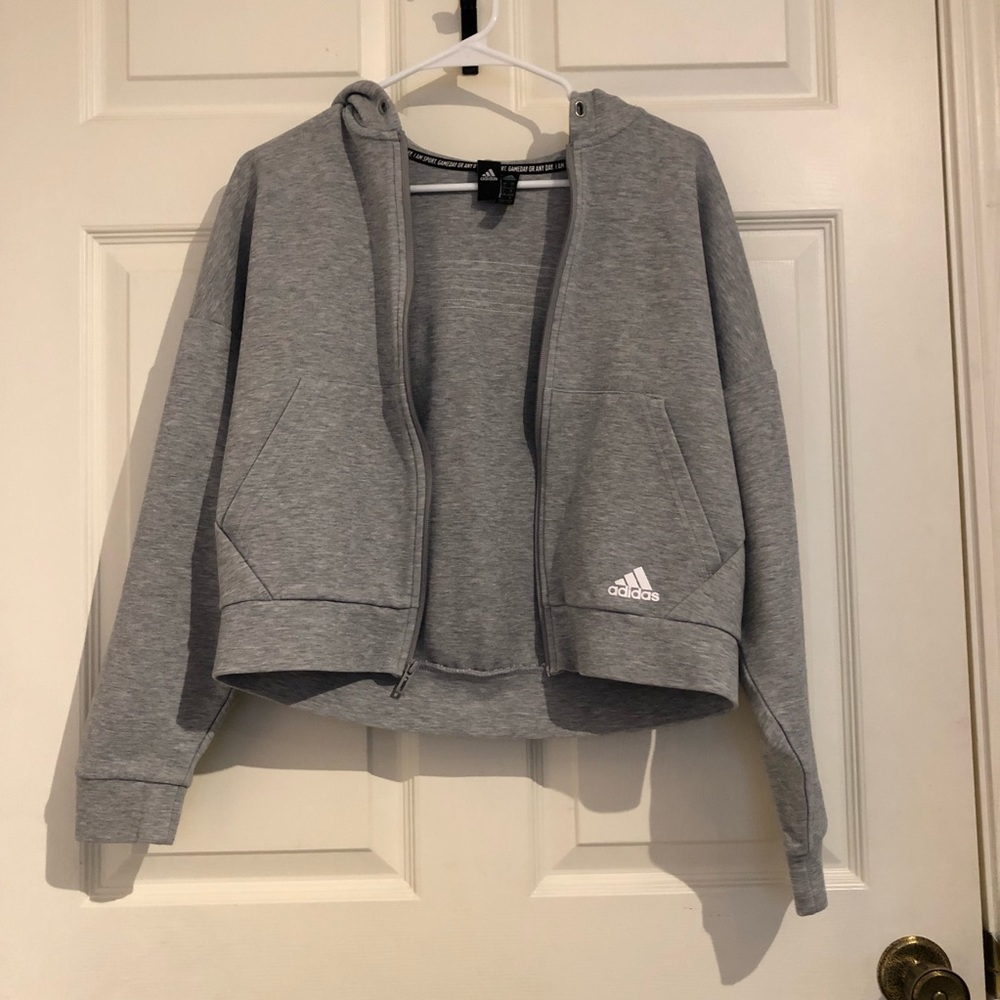Adidas Gray Jacket with Hoodie and White Adidas Stripes Along the Back (S)
